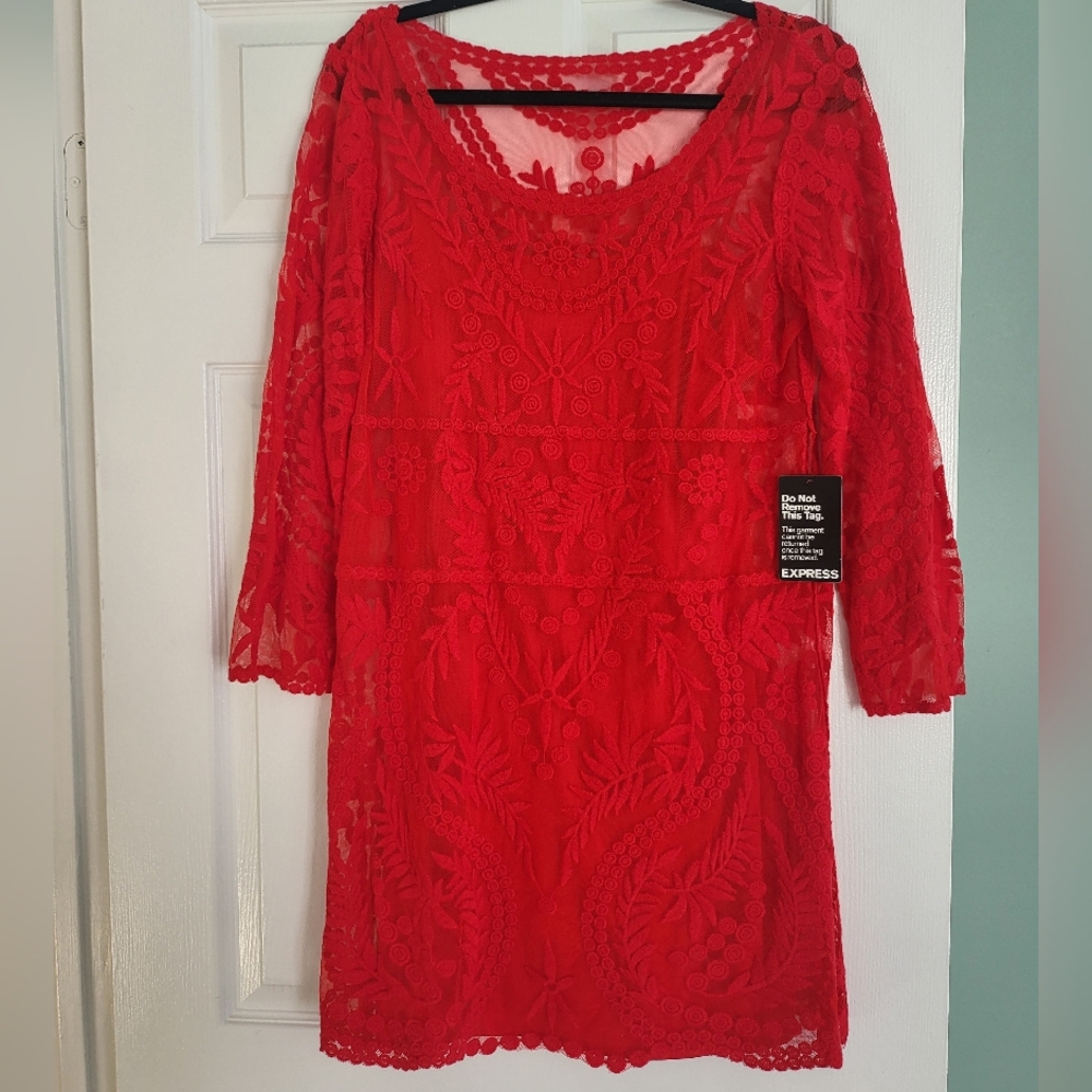 Express Vibrant Red Lace Overlay Long Sleeve Dress